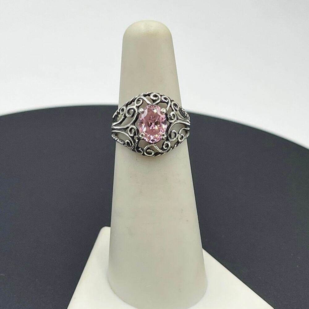 Sterling Silver Vintage Filigree Simulated‎ Pink Sapphire Solitaire Ring 5.25